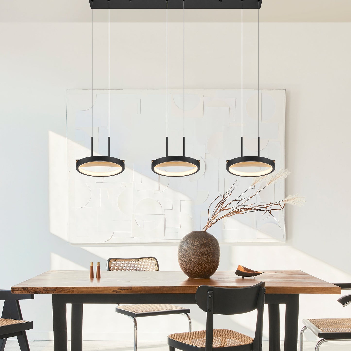 3 heads Satin Black & Wood Chandelier - Disselt Designs