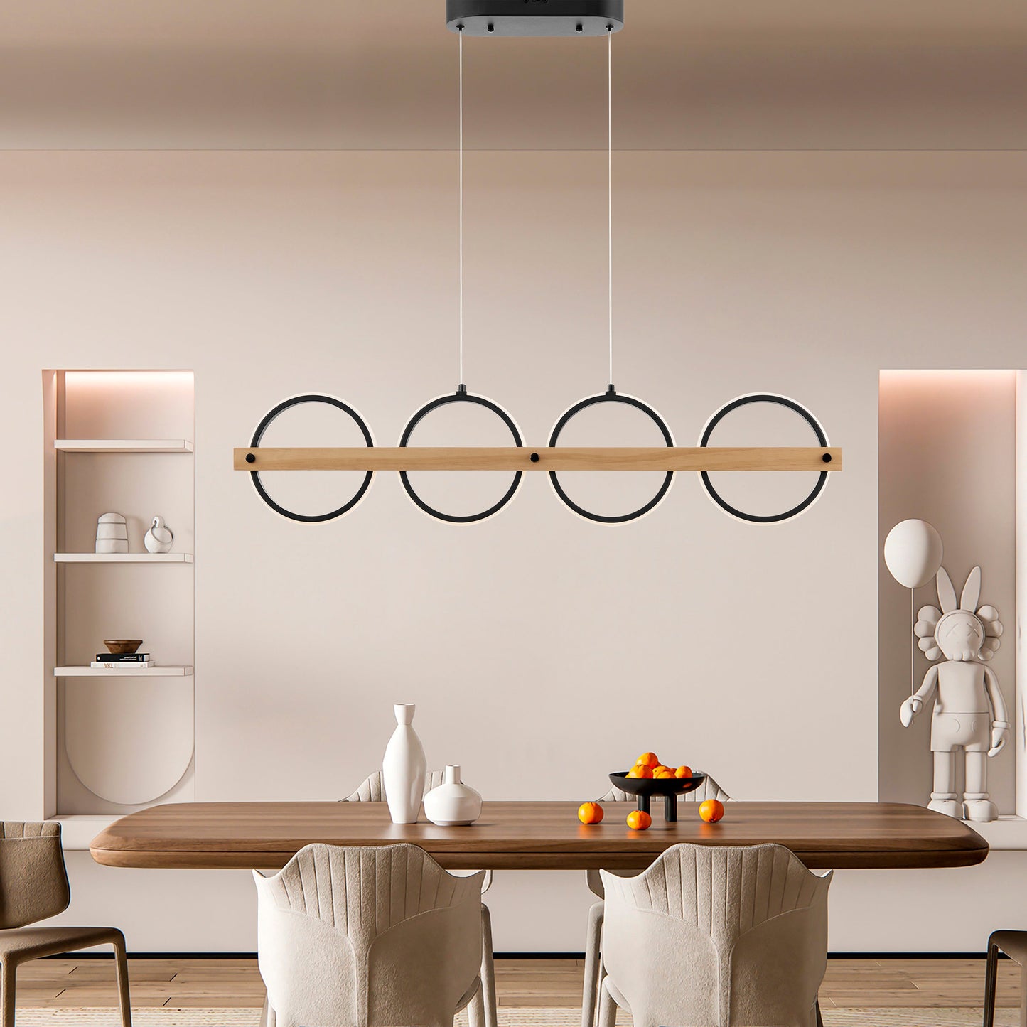 Chandelier 4 Circles Satin Black & Wood - Disselt Designs