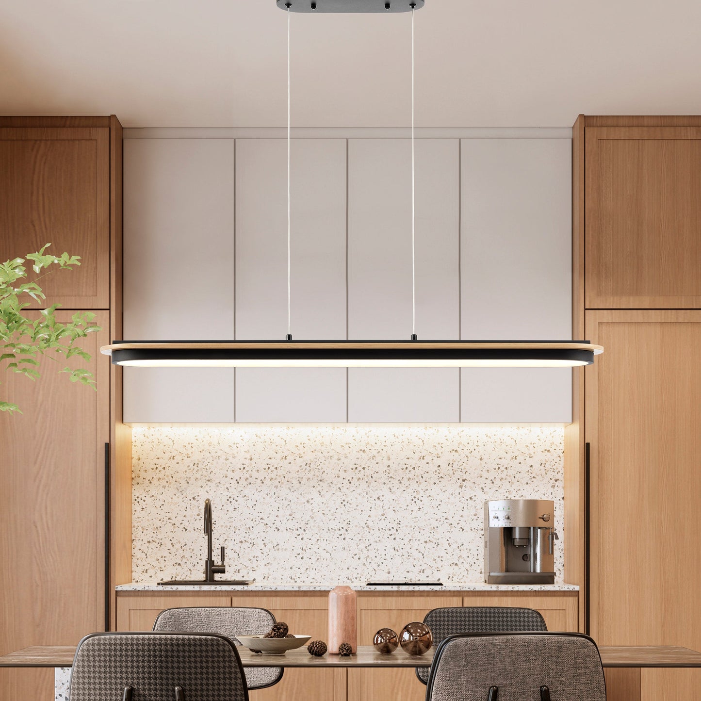 Chandelier Curved Linear Satin Black & Wood - Disselt Designs
