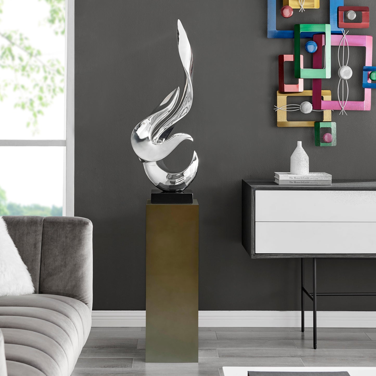 Flame 65" Tall Floor Sculpture // Chrome with Gray Stand - Disselt Designs