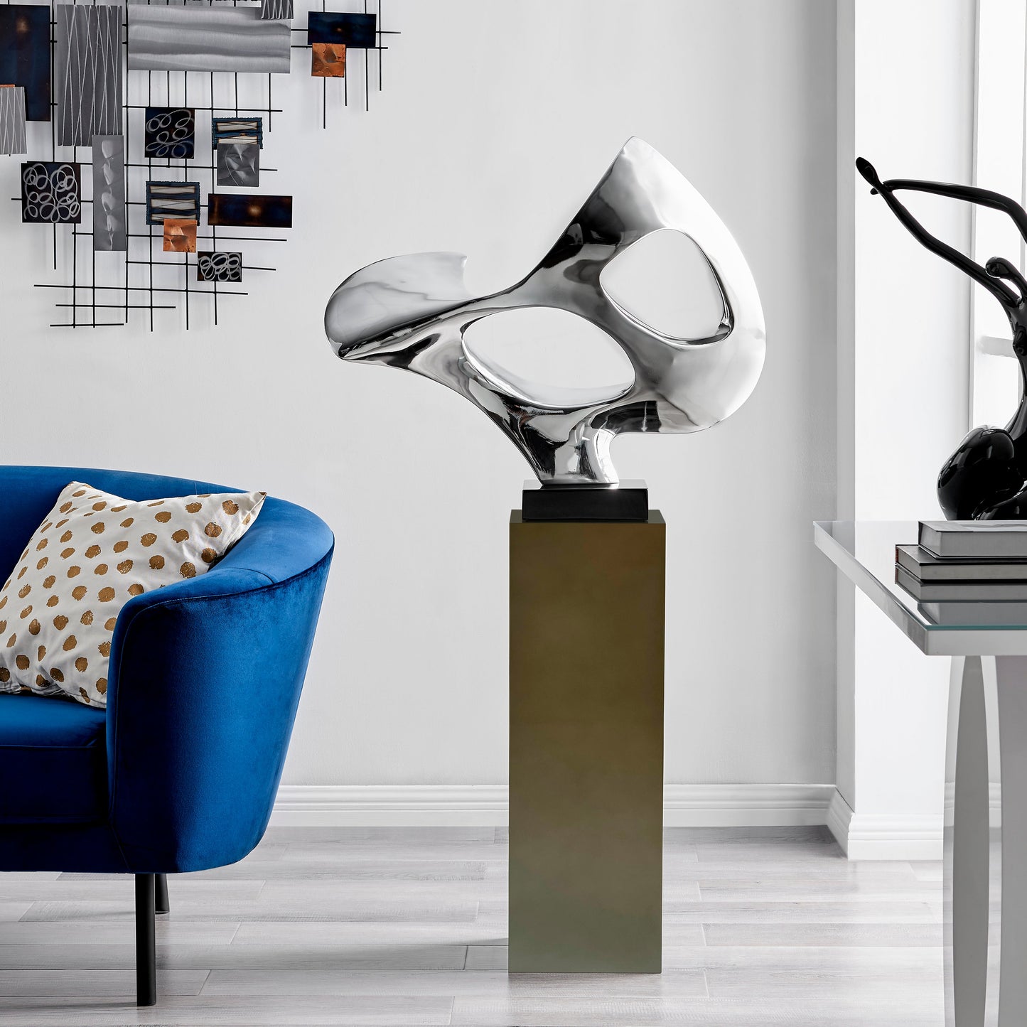 Chrome Abstract Mask 54" Tall Floor Sculpture // Chrome with Gray Stand - Disselt Designs