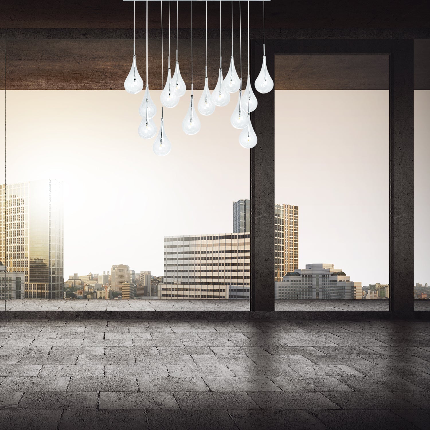 Modern Glass Drops Chandelier // 14 Lights // Rectangular Chrome Canopy - Disselt Designs