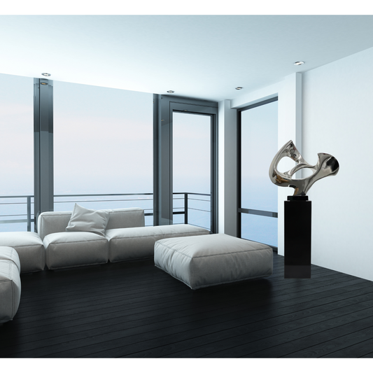 Abstract Mask 54" Tall Floor Sculpture // Chrome with Black Stand - Disselt Designs
