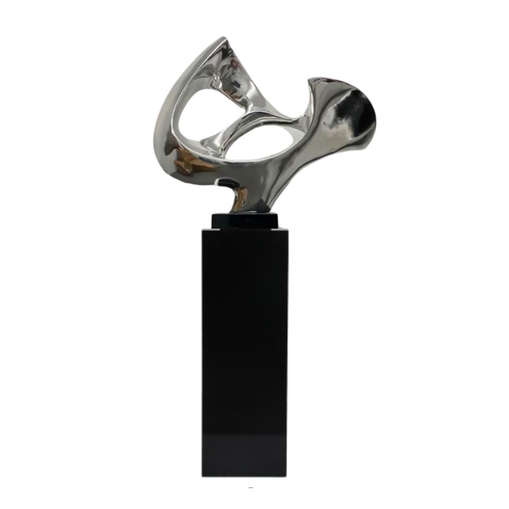 Abstract Mask 54" Tall Floor Sculpture // Chrome with Black Stand - Disselt Designs
