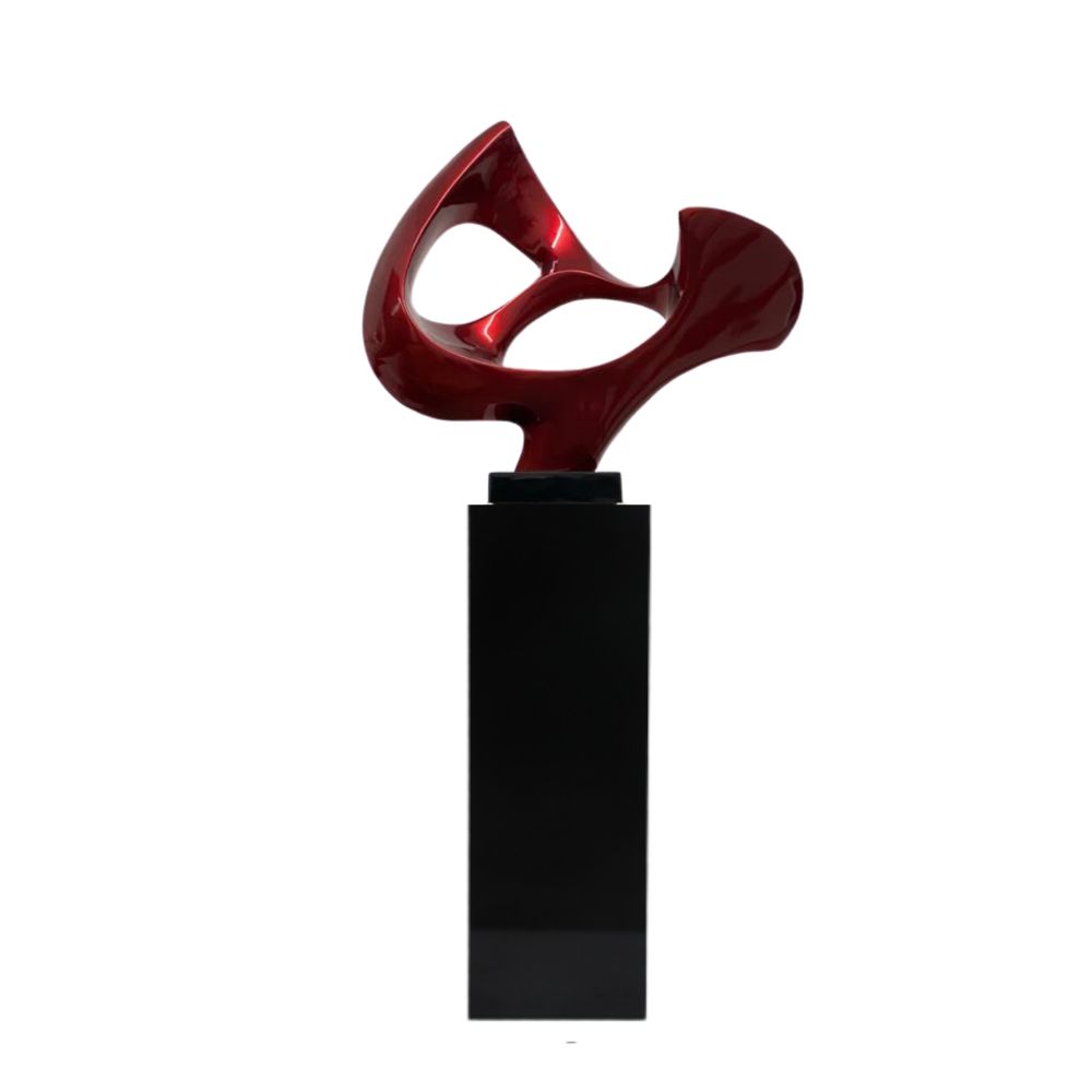 Abstract Mask 54" Tall Floor Sculpture // Metallic Red and Black Stand - Disselt Designs