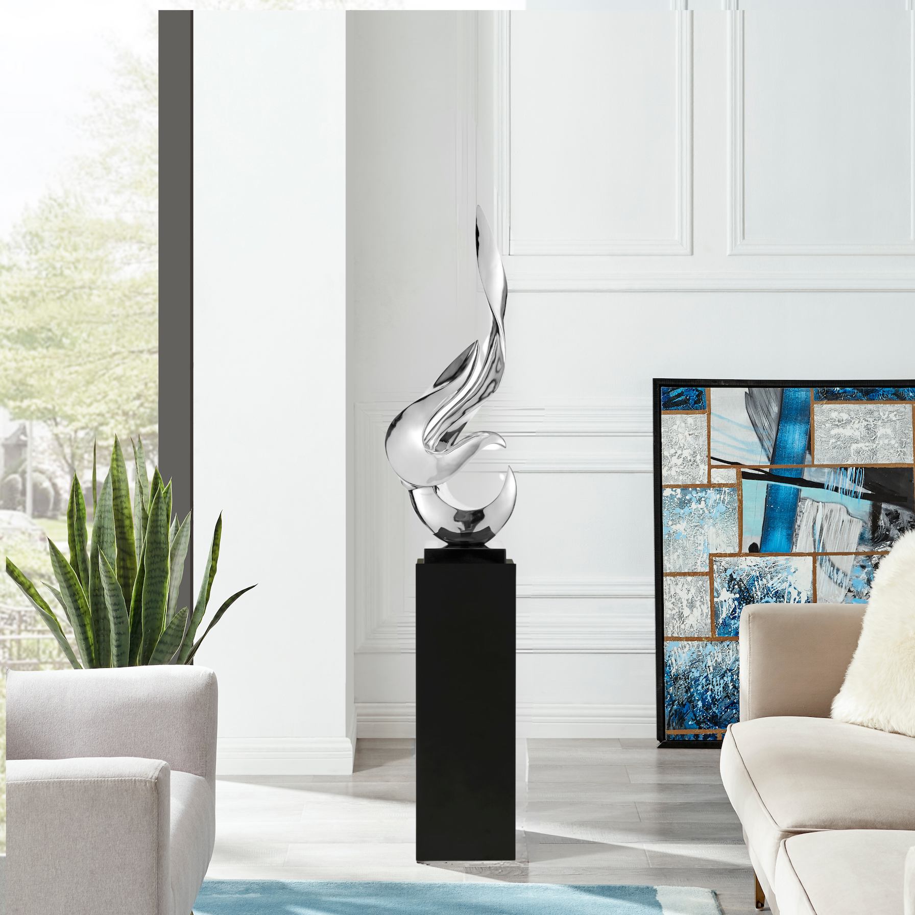 Flame 65" Tall Floor Sculpture // Chrome with Black Stand - Disselt Designs