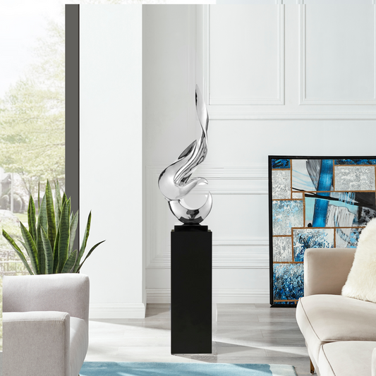 Flame 65" Tall Floor Sculpture // Chrome with Black Stand - Disselt Designs