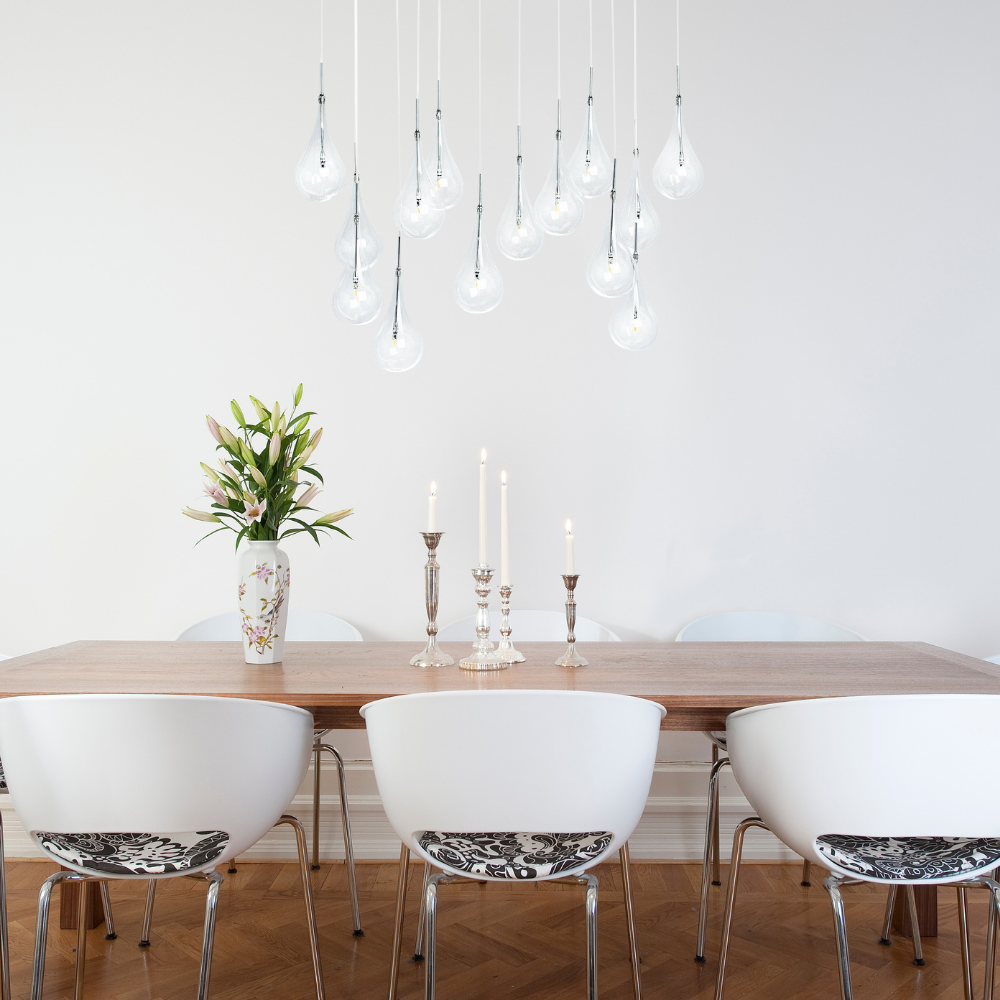 Modern Glass Drops Chandelier // 14 Lights // Rectangular Chrome Canopy - Disselt Designs