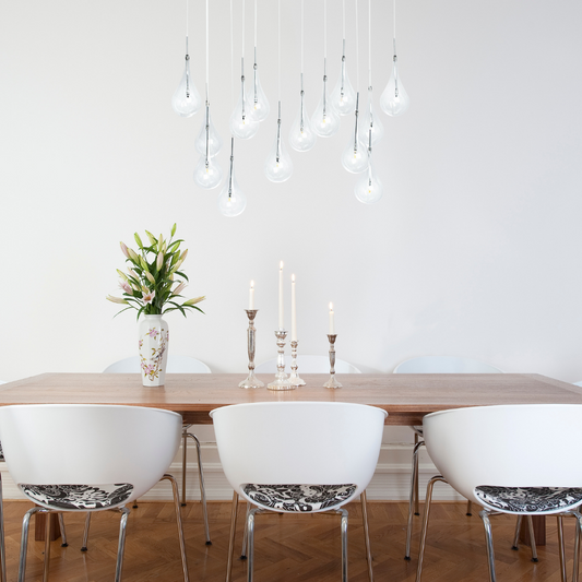 Modern Glass Drops Chandelier // 14 Lights // Rectangular Chrome Canopy - Disselt Designs