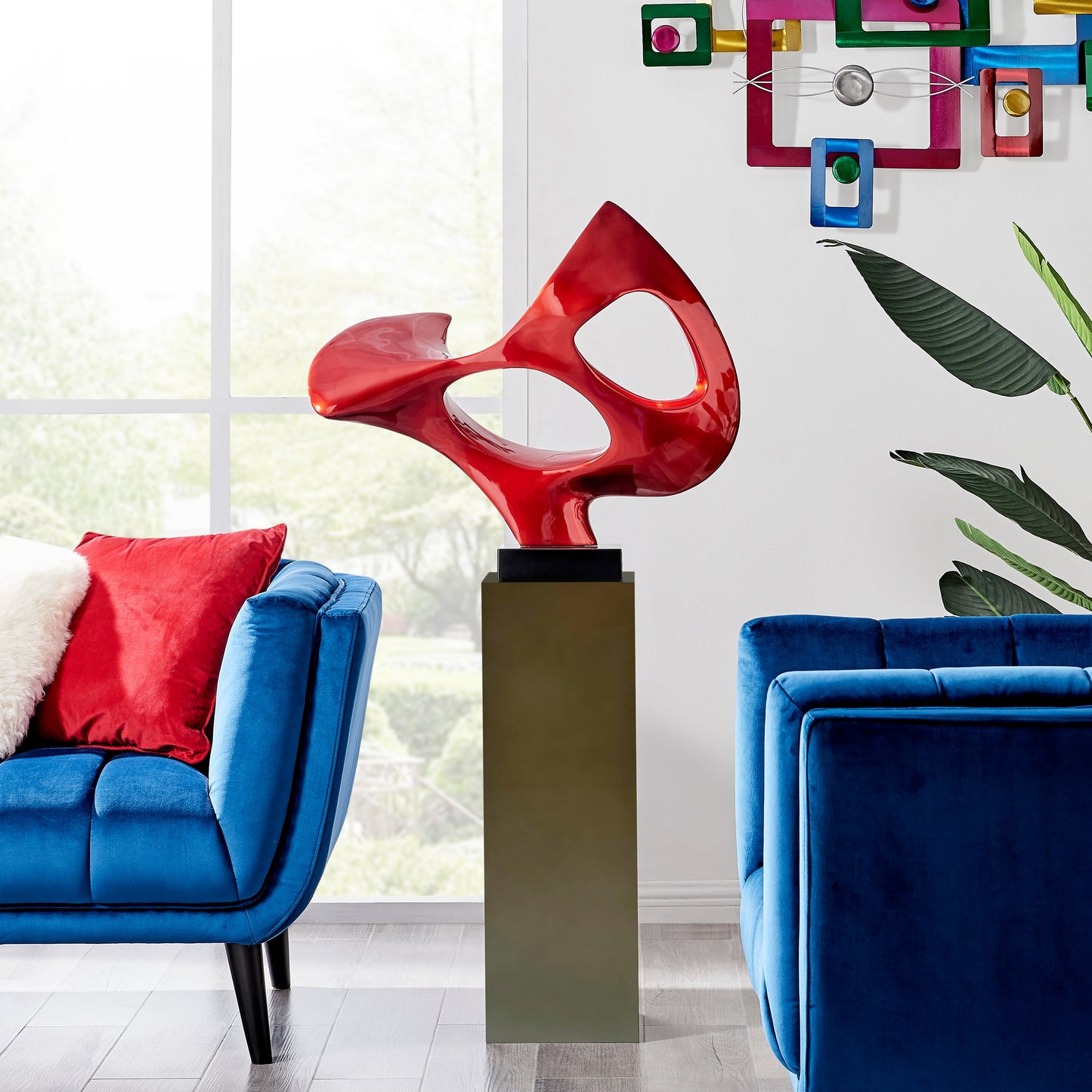 Abstract Mask 54" Tall Floor Sculpture // Metallic Red With Gray Stand - Disselt Designs