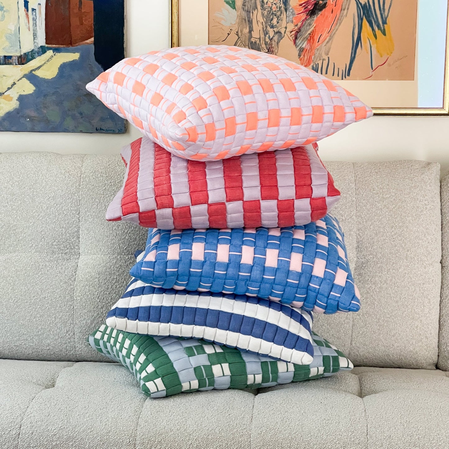 Sujani Quilted Pillow — Pastel Lilac and Neon Orange