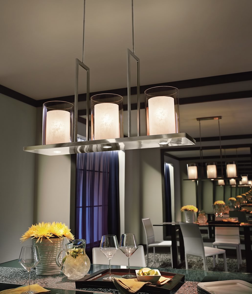 Triad 40"W 6-Light Classic Pewter Finish Clear Glass White Vetro Mica Shades Linear Chandelier by Kichler
