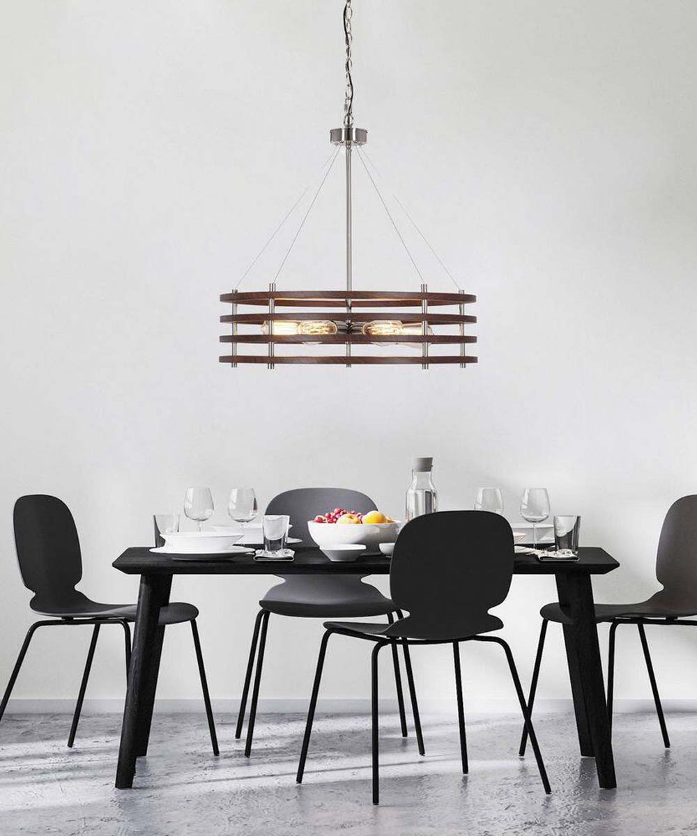 Catalina 24"W 6-Light Polished Nickel Drum Modern Pendant Mahogany Wood Finish Shade