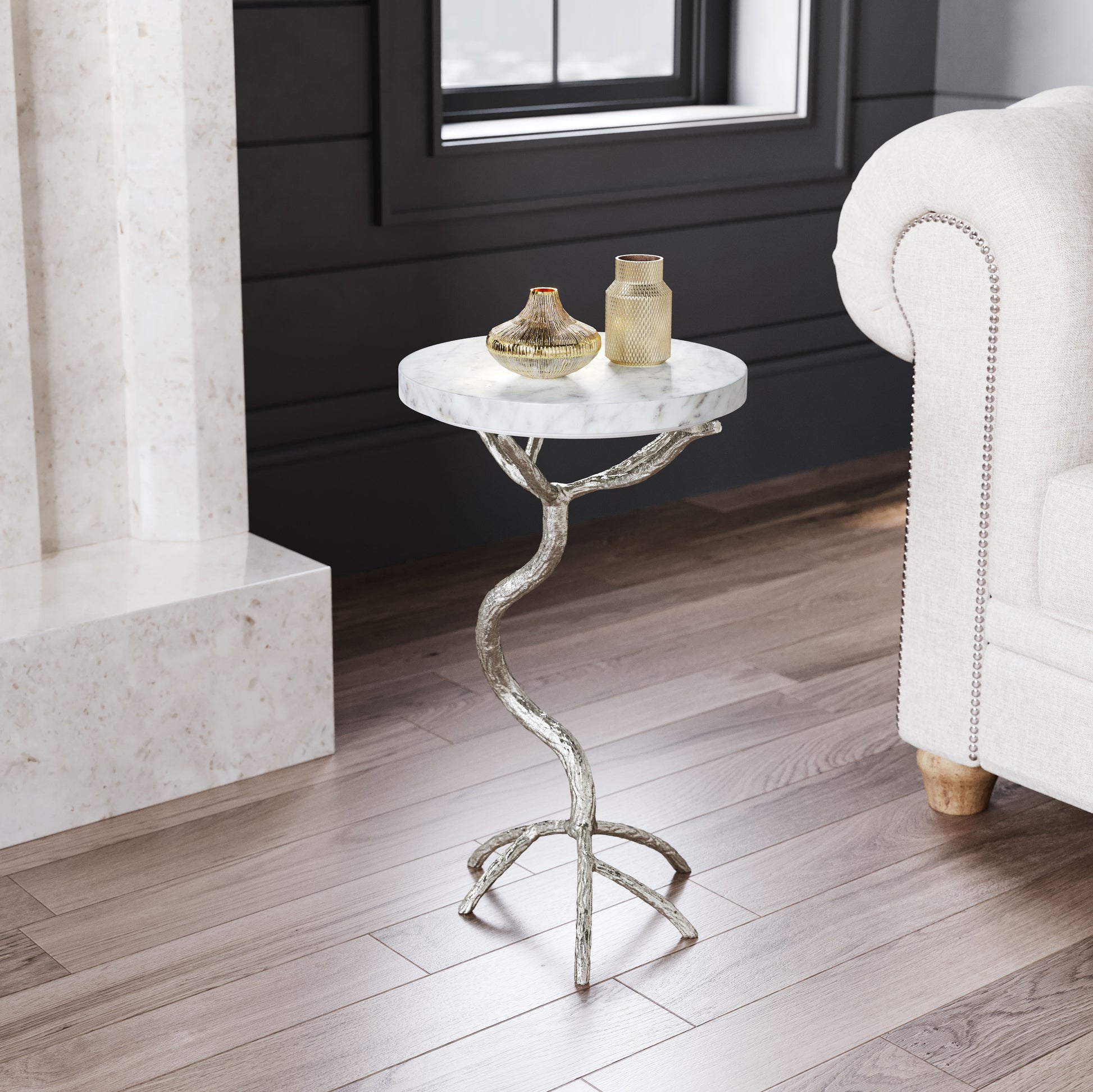 Joel Side Table White & Silver - Disselt Designs