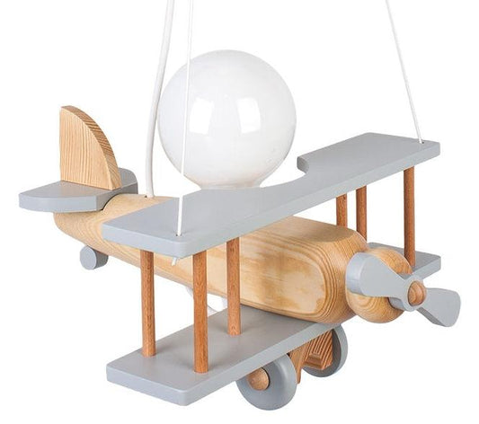 KIDS FLY AWAY SMALL | Grey + Wood Plane Hanging Lamp - Disselt Designs