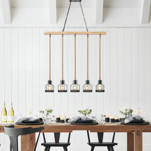 Wood and Ropes 5 Light Chandelier // Black - Disselt Designs
