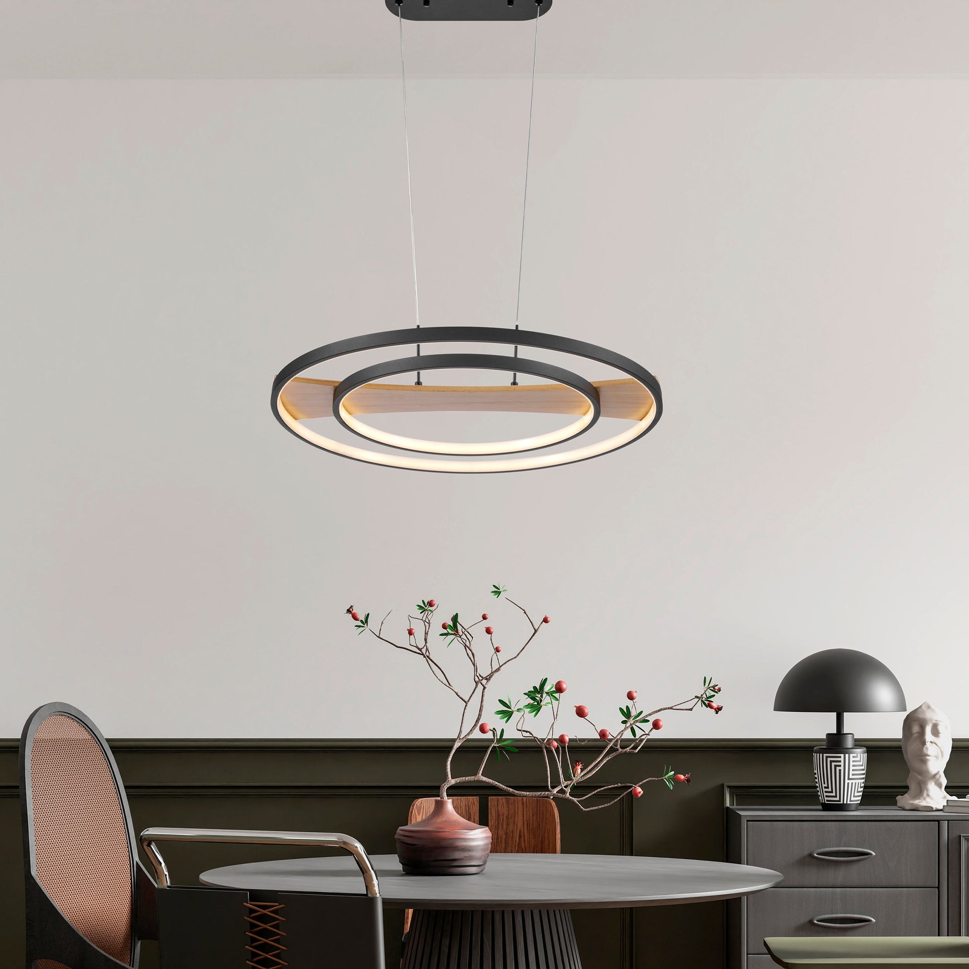 Chandelier Lamp Satin Black & Wood - Disselt Designs