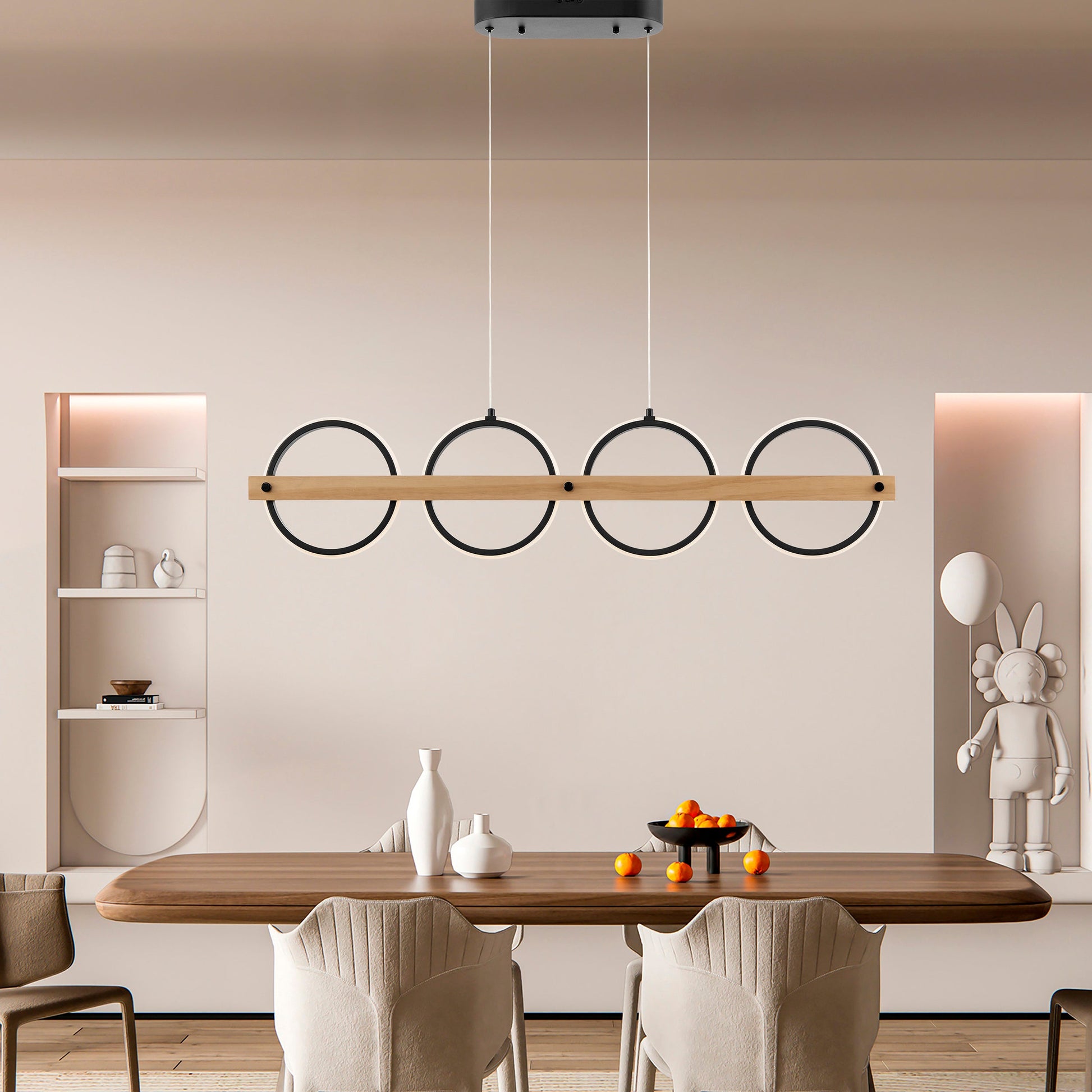 Chandelier 4 Circles Satin Black & Wood - Disselt Designs