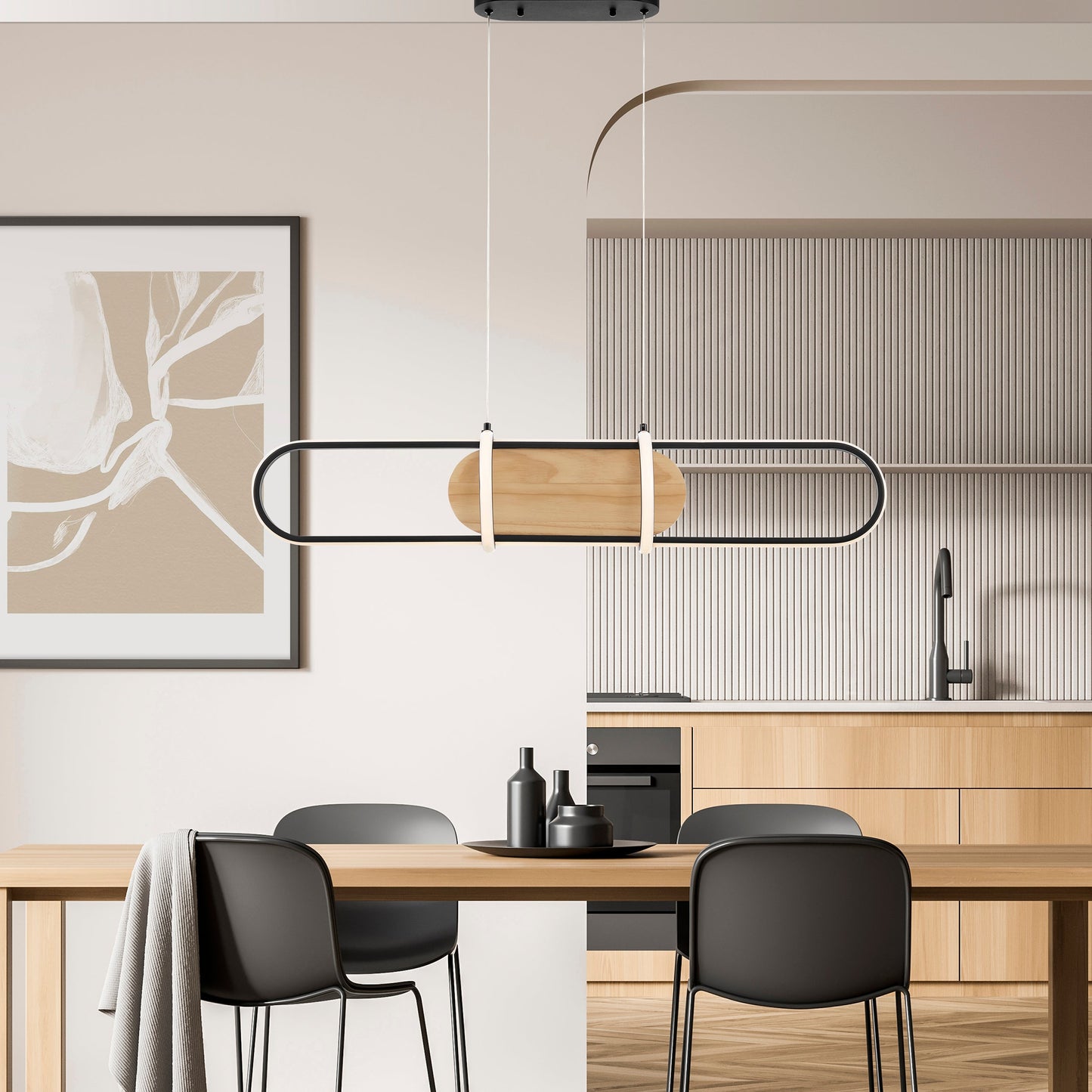 Chandelier Rounded Rectangle Satin Black & Wood - Disselt Designs