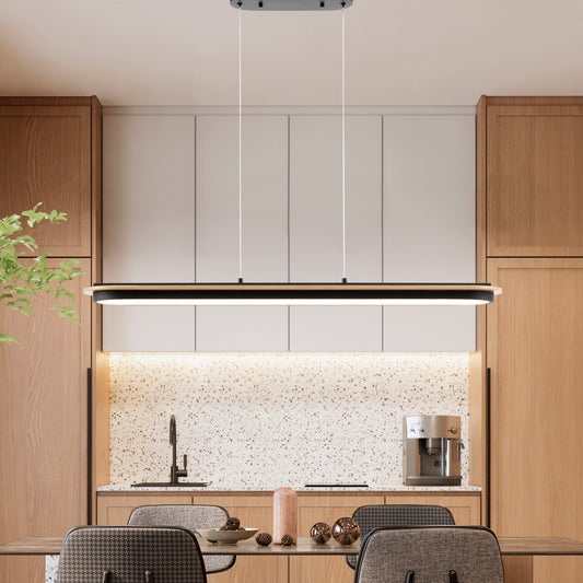 Chandelier Curved Linear Satin Black & Wood - Disselt Designs