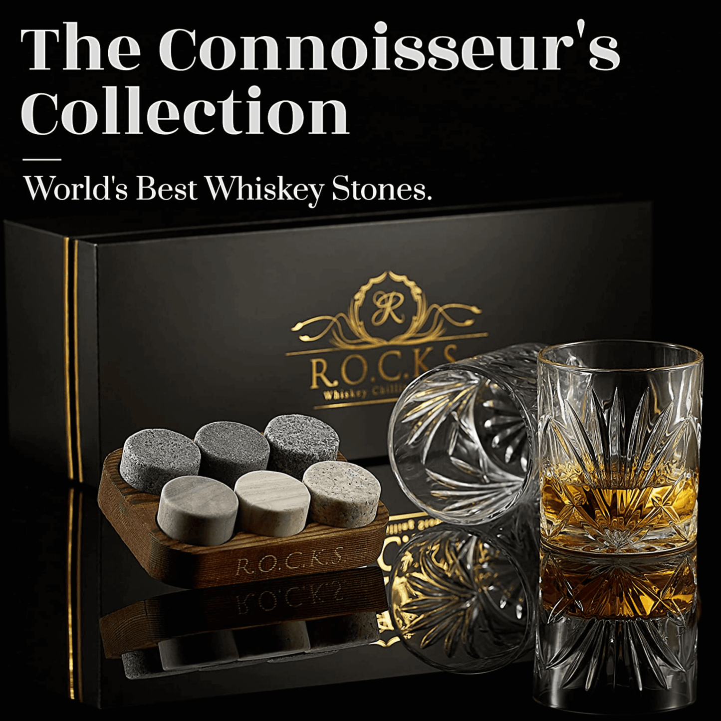 Whiskey Chilling Stones Gift Set With 2 Palm Crystal Glasses - Disselt Designs