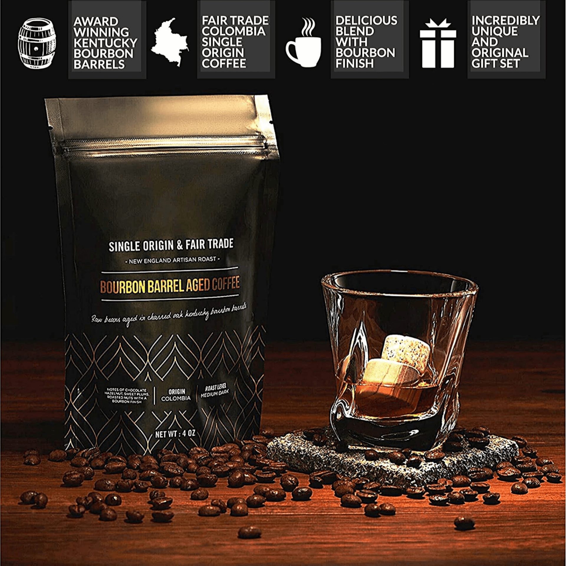 Whiskey Stones & Kentucky Bourbon Barrel Aged Coffee Tasting Gift Set - Disselt Designs