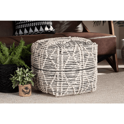 SENTIR | Moroccan Inspired Ivory and Black Handwoven Wool Blend Pouf Ottoman - Disselt Designs