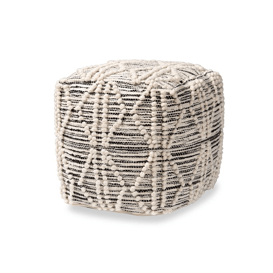 SENTIR | Moroccan Inspired Ivory and Black Handwoven Wool Blend Pouf Ottoman - Disselt Designs