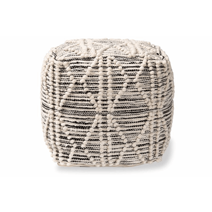 SENTIR | Moroccan Inspired Ivory and Black Handwoven Wool Blend Pouf Ottoman - Disselt Designs