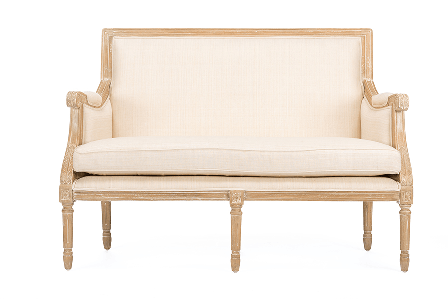 CHAVANON | Wood & Light Beige Linen Traditional French Loveseat - Disselt Designs