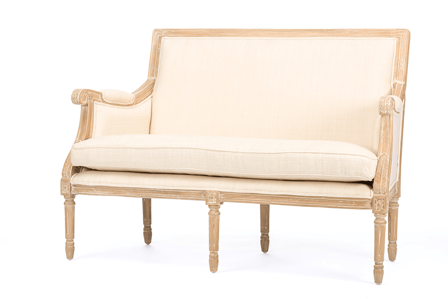 CHAVANON | Wood & Light Beige Linen Traditional French Loveseat - Disselt Designs