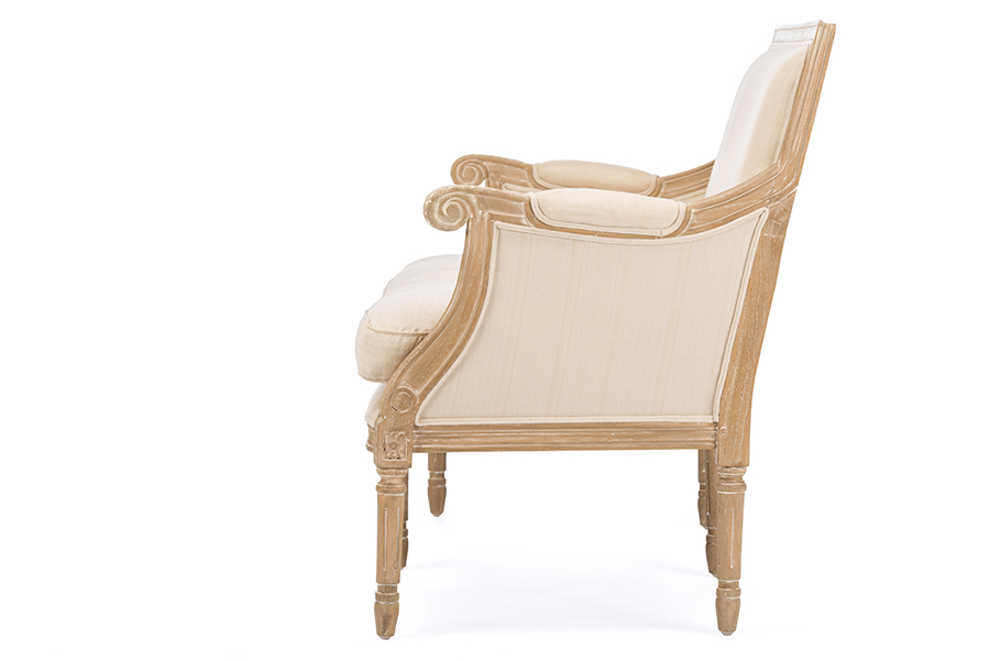 CHAVANON | Wood & Light Beige Linen Traditional French Loveseat - Disselt Designs