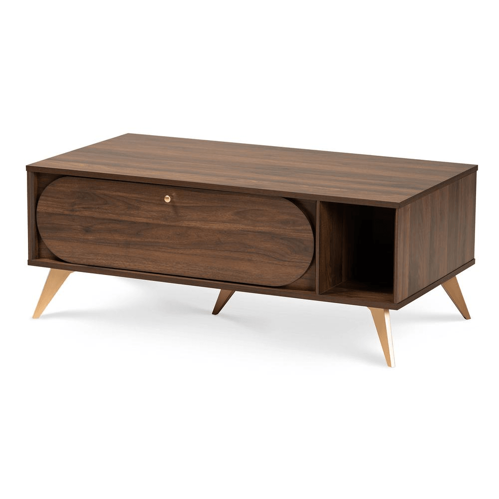 EDEL | Mid-Century Modern Walnut Brown and Gold Finished Wood Coffee Table - Disselt Designs