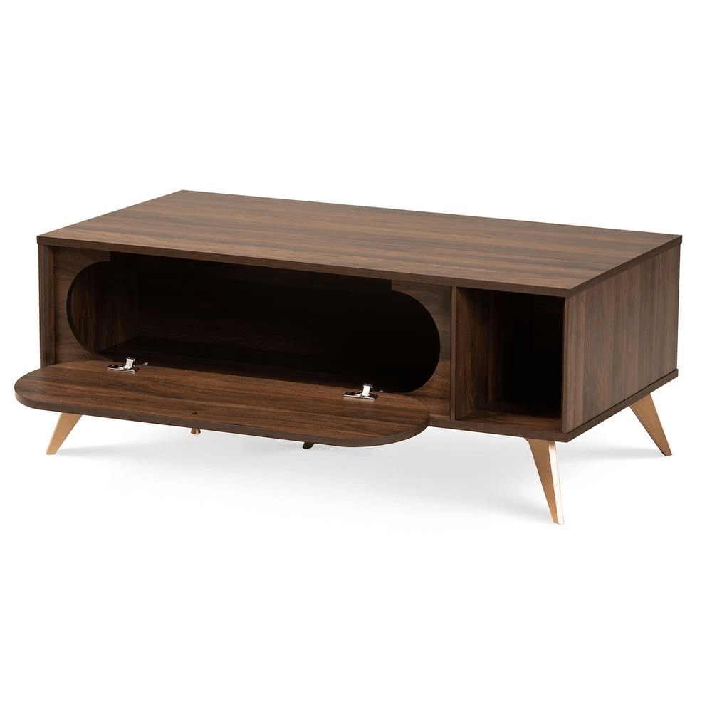 EDEL | Mid-Century Modern Walnut Brown and Gold Finished Wood Coffee Table - Disselt Designs