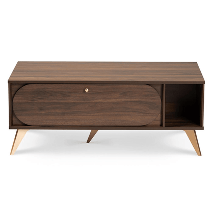 EDEL | Mid-Century Modern Walnut Brown and Gold Finished Wood Coffee Table - Disselt Designs