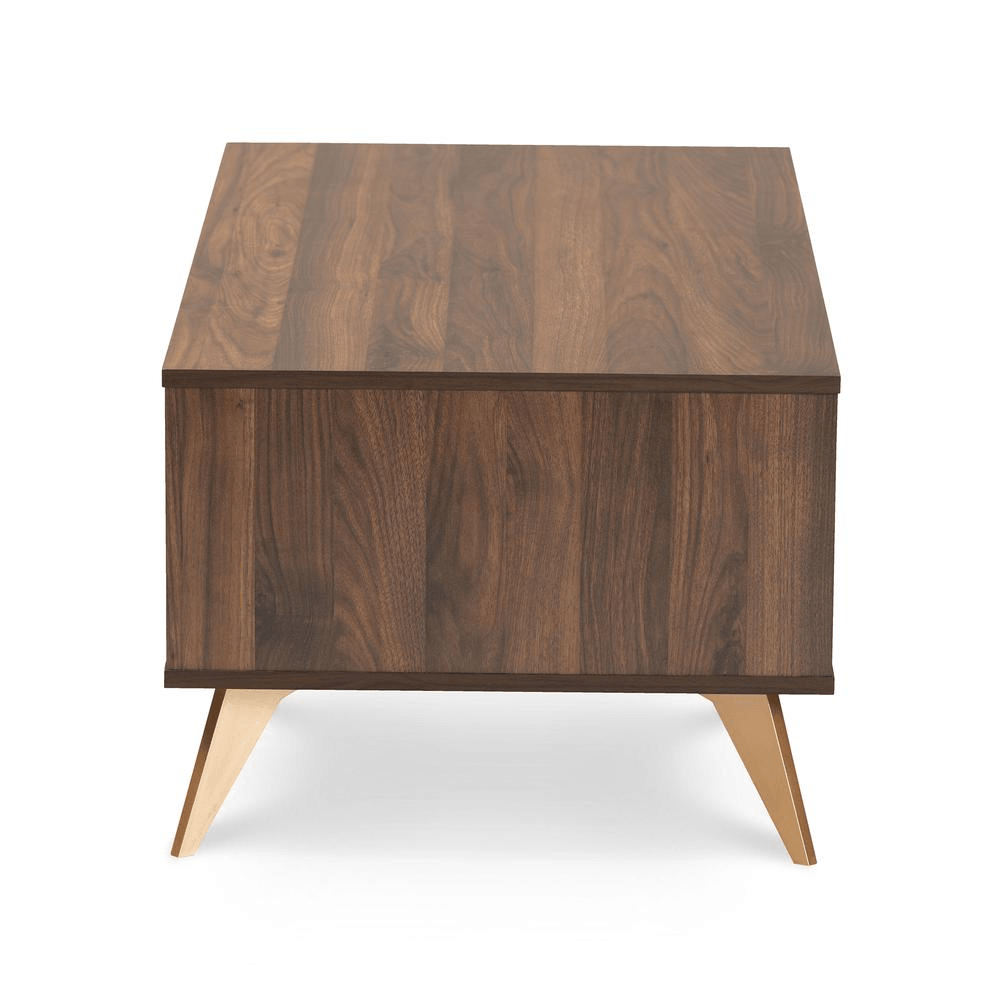 EDEL | Mid-Century Modern Walnut Brown and Gold Finished Wood Coffee Table - Disselt Designs