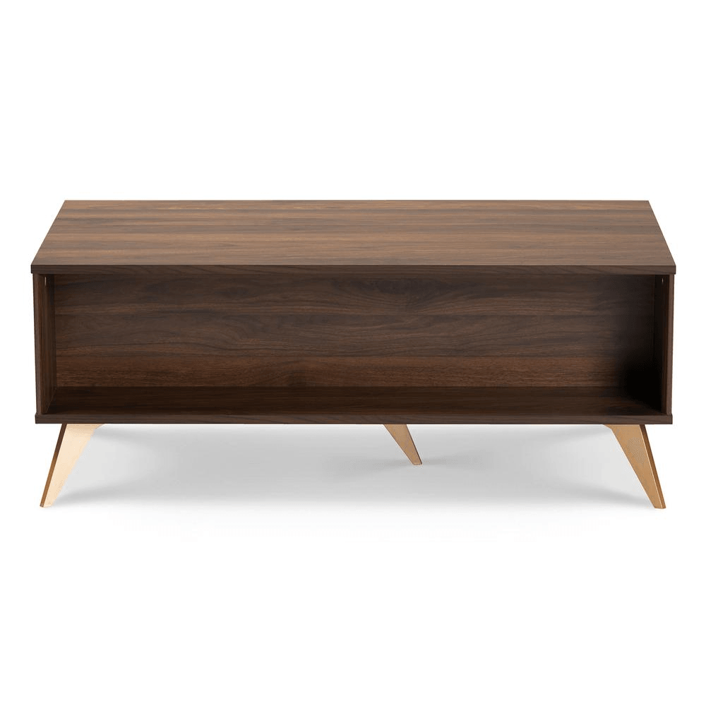 EDEL | Mid-Century Modern Walnut Brown and Gold Finished Wood Coffee Table - Disselt Designs