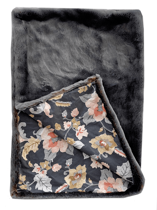 AMBER | Two Tone Gray/Amber Handmade Luxury Throw with Floral Backing - Disselt Designs