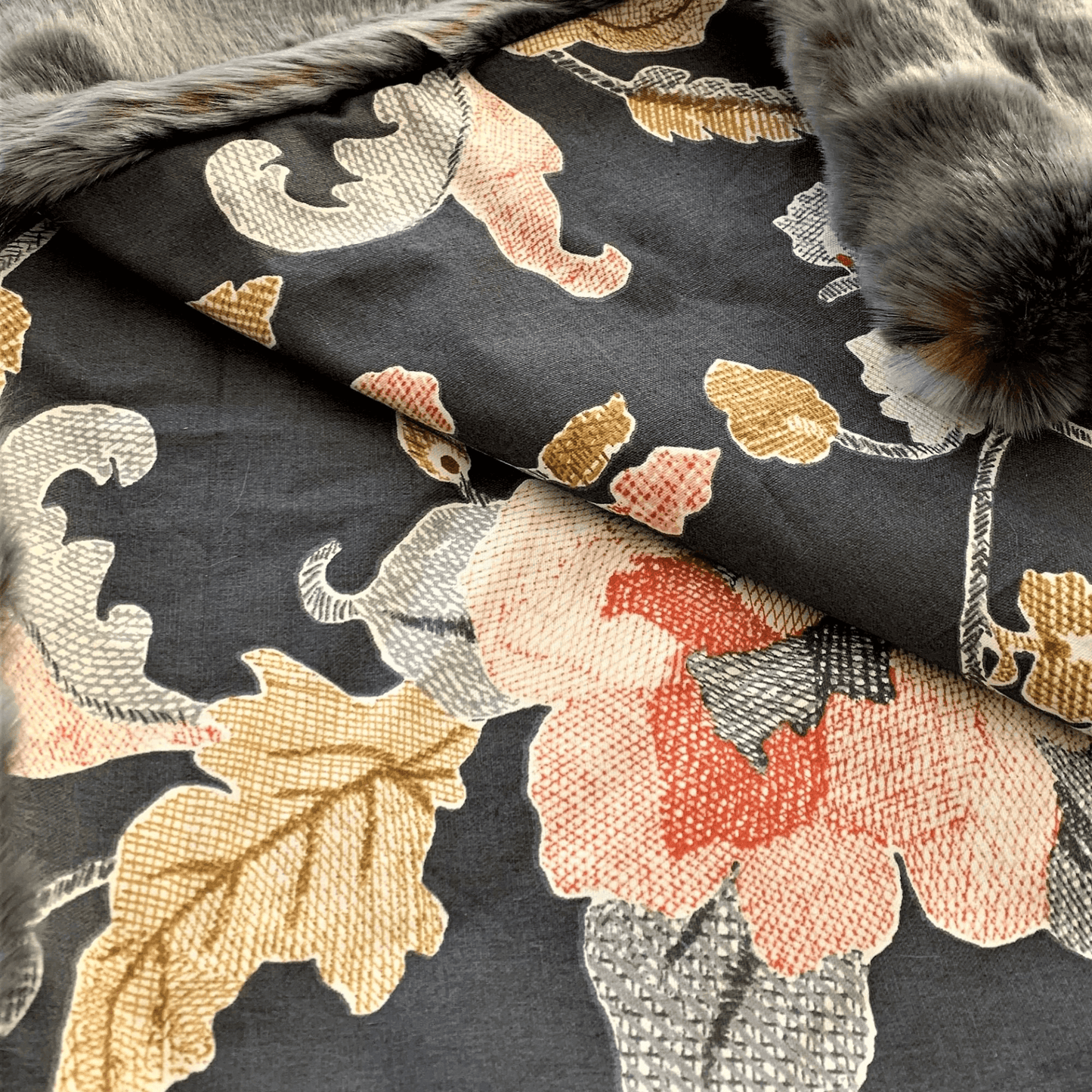 AMBER | Two Tone Gray/Amber Handmade Luxury Throw with Floral Backing - Disselt Designs