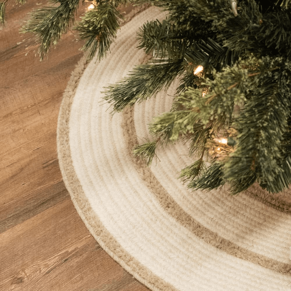 Cozy Natural Wool Stripe Holiday Tree Skirt - Natural 50” x 50” - Disselt Designs