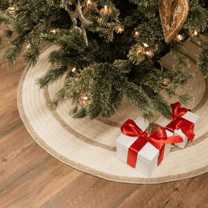 Cozy Natural Wool Stripe Holiday Tree Skirt - Natural 50” x 50” - Disselt Designs