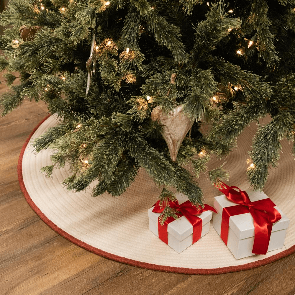 Natural Wool Red-Trimmed Holiday Tree Skirt - 50” x 50” - Disselt Designs