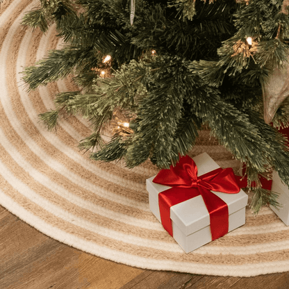 Striped Natural Wool Shag Holiday Tree Skirt - 50” x 50” - Disselt Designs