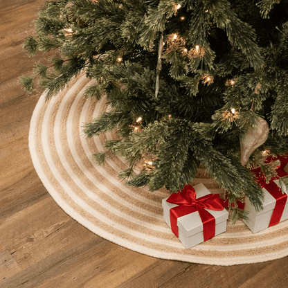 Striped Natural Wool Shag Holiday Tree Skirt - 50” x 50” - Disselt Designs