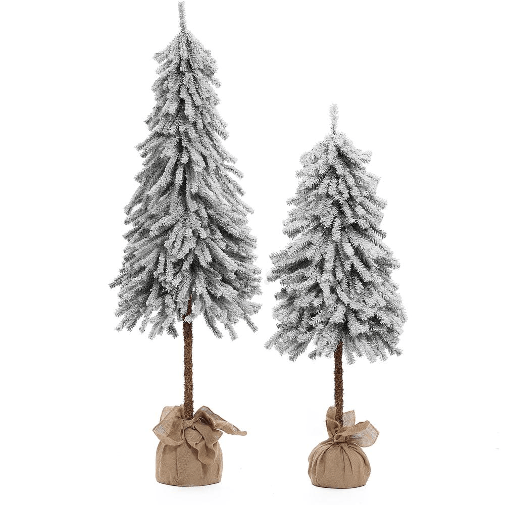 FLOCKED SET | Set of 2 Pre-lit Snow-Flocked Potted Artificial Christmas Tree - Disselt Designs