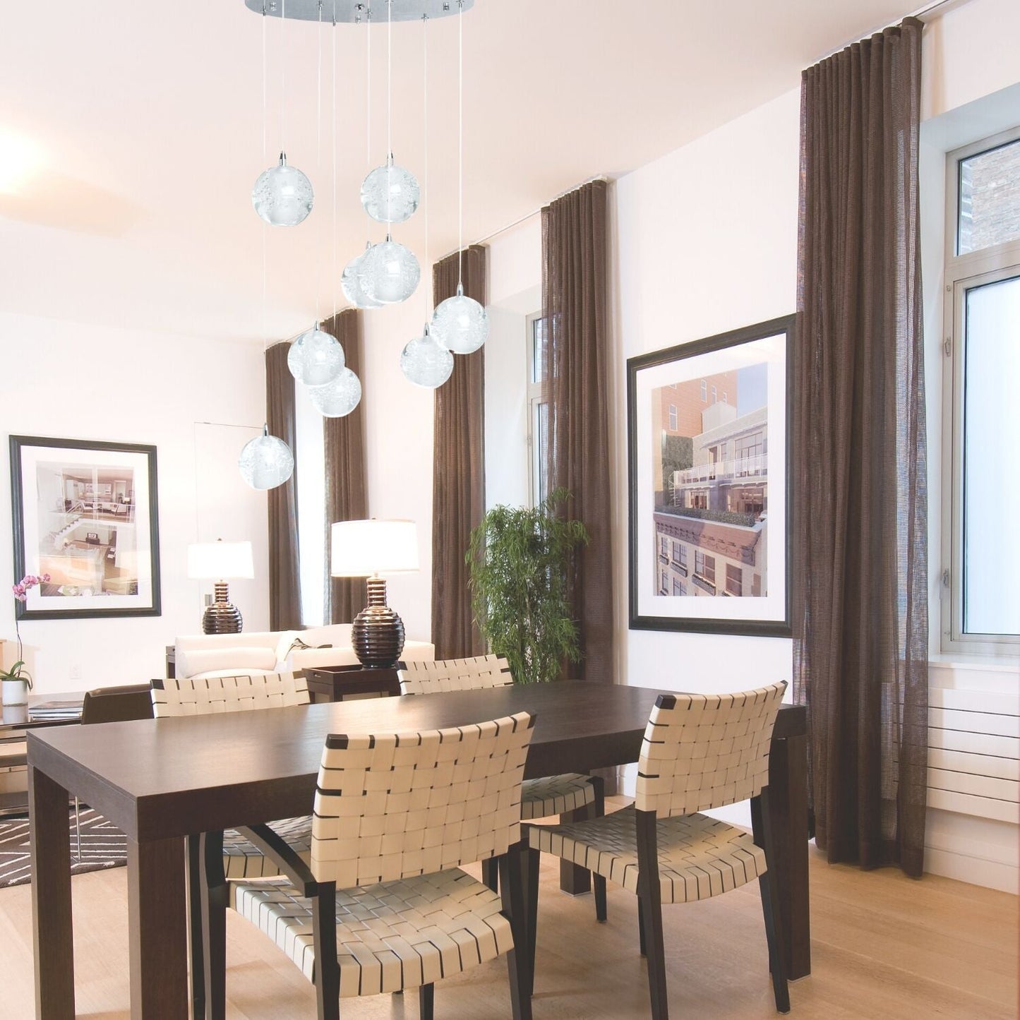 9 light Crystal Spheres Chandelier // Round Chrome Canopy - Disselt Designs