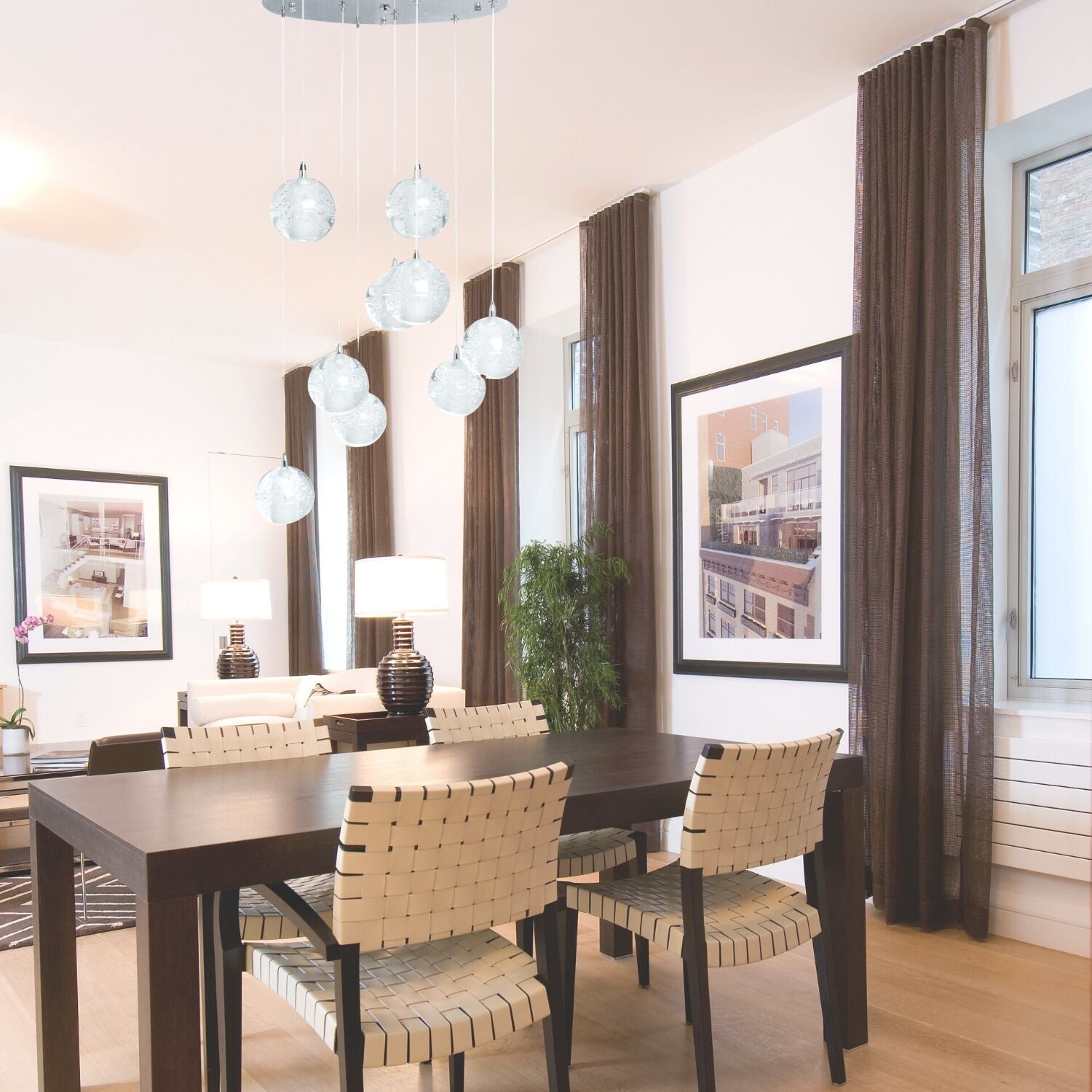 9 light Crystal Spheres Chandelier // Round Chrome Canopy - Disselt Designs