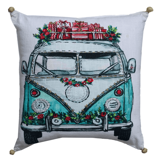 Hand Illustrated Christmas Holiday Van Pillow (18"x18") - Disselt Designs