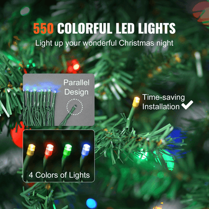 GREEN 7.5 | Christmas Tree, 7.5ft Prelit Artificial Xmas Tree, Full Holiday Decor Tree with 550 Multi-Color LED Lights, 1346 Branch Tips, Metal Base - Disselt Designs