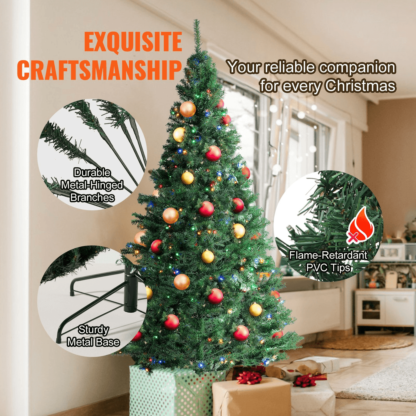 GREEN 7.5 | Christmas Tree, 7.5ft Prelit Artificial Xmas Tree, Full Holiday Decor Tree with 550 Multi-Color LED Lights, 1346 Branch Tips, Metal Base - Disselt Designs